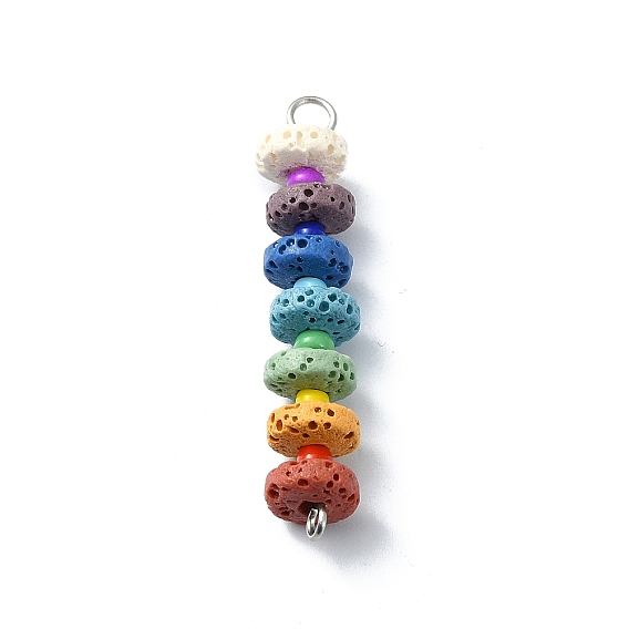 Chakra Natural Lava Rock Dyed Flat Round Connector Charms, Colorful Gems 304 Stainless Steel Glass Seed Beads Links