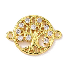 Real 18K Gold Plated Brass Micro Pave Cubic Zirconia Connector Charms, Flat Round with Tree Links