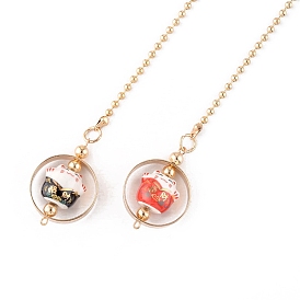 Porcelain Lucky Cat Alloy Pendant Decorations, Cute Cat Hanging Ornament with Golden Tone Iron Beads Chain, for Car Decoration