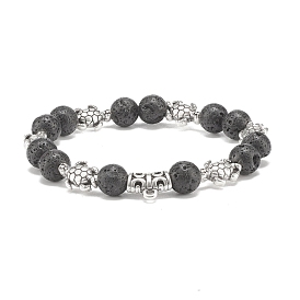 Natural Lava Rock Round Beaded Stretch Bracelet with Alloy Tortoise, Essential Oil Gemstone Jewelry for Women