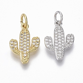 Brass Micro Pave Cubic Zirconia Pendants, with Jump Ring, Nickel Free, Cactus, Clear