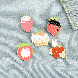 Sweet Strawberry Cartoon Brooch Set with Cute Cat and Bunny Design