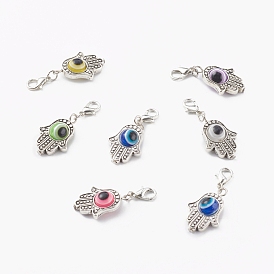 Alloy Pendants, with Resin Beads and Zinc Alloy Lobster Claw Clasps, Hamsa Hand with Evil Eye, Antique Silver & Platinum