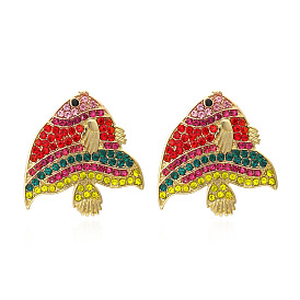Minimalist Fish Stud Earrings with Rhinestones, Vintage Hollow Out Alloy Ear Studs for Women