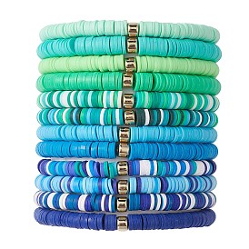 12Pcs 12 Color Polymer Clay Heishi Surfer Stretch Bracelets Set with Plastic Beaded, Stackable Preppy Bracelets