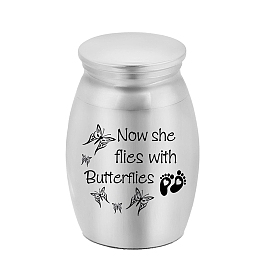 Metal Cremation Urn, For Commemorate Kinsfolk Cremains Container, Jar with Word & Butterfly Pattern