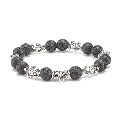 Natural Lava Rock Round Beaded Stretch Bracelet with Alloy Tortoise, Essential Oil Gemstone Jewelry for Women