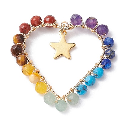 Chakra Gemstone Wried Round Bead Pendants, Heart Charms with Golden Plated Stainless Steel Findings