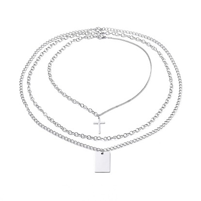 304 Stainless Steel Pendant Necklaces Sets, with 201 Stainless Steel Pendants, Cable Chains, Curb Chains and Lobster Claw Clasps, Rectangle and Cross