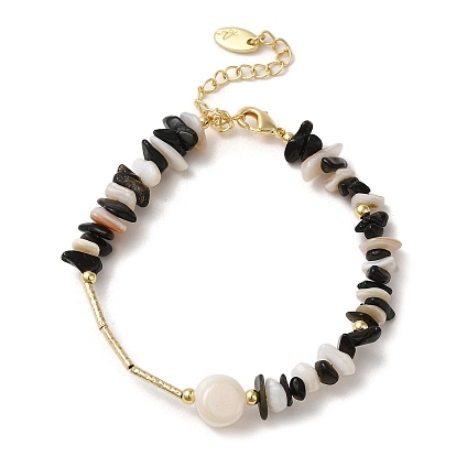 Natural Pearl & Shell & Obsidian Chips Beaded Bracelets, with Brass Clasps