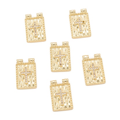 Brass Micro Pave Cubic Zirconia Pendant, Long-Lasting Plated, Rectangle with Cross