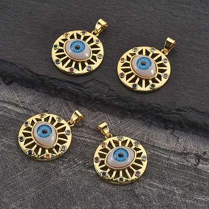4Pcs Brass Micro Pave Colorful Cubic Zirconia Pendants, with Resin, Real 18K Gold Plated, Flat Round with Eye