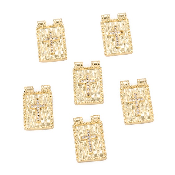 Brass Micro Pave Cubic Zirconia Pendant, Long-Lasting Plated, Rectangle with Cross