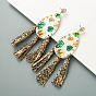 Bohemian Style Double-Sided Printed Fringe Turtle Leaf Earrings with Water Diamond Leather Jewelry