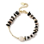 Natural Pearl & Shell & Obsidian Chips Beaded Bracelets, with Brass Clasps