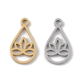 304 Stainless Steel Charms, Laser Cut, Teardrop with Lotus Charm
