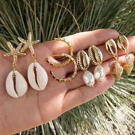 Earrings Bohemian Shell Irregular Pearl Conch Starfish Stud Earrings 4 Pairs Set