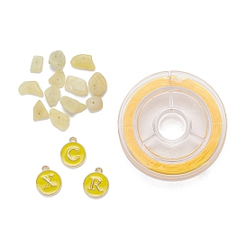 26Pcs Flat Round Initial Letter A~Z Alphabet Enamel Charms, 20G Natural Lemon Jade Chip Beads and Elastic Thread, for DIY Jewelry Making Kits