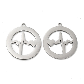 201 Stainless Steel Pendants, Flat Round with Heartbeat Charm