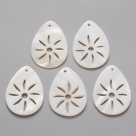 Natural Freshwater Shell Pendants, Teardrop with Hollow Sun