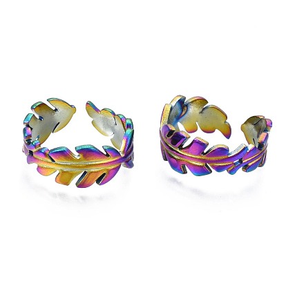 304 Stainless Steel Leaf Wrapped Cuff Ring, Rainbow Color Open Ring for Women