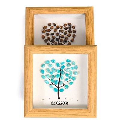 Natural Mixed Gemstone Square with Heart Tree Photo Frame Stands, Home Display Decorations