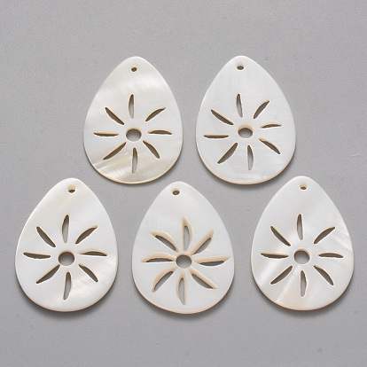 Natural Freshwater Shell Pendants, Teardrop with Hollow Sun
