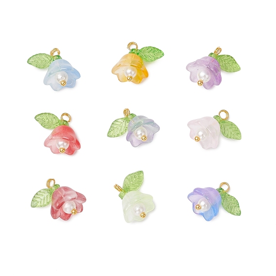 9шт. 9 цвета стеклянные подвески, цветок, с акриловыми и пластиковыми бусинами, имитирующими жемчуг, и золотистой латунной петлей