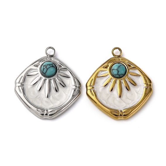 304 подвески из нержавеющей стали с белой эмалью, с синтетическими бирюзовых бус, ромб прелести