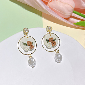 Round three-dimensional flower soft pottery pearl earrings women's retro baroque pearl earrings
