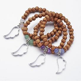 Wood Beaded Stretch Bracelets, Alloy Charm Bracelets, with Natural Gemstone Beads, Wing