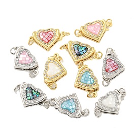 Rack Plating Brass Micro Pave Cubic Zirconia & Shell & Enamel Box Clasps, Cadmium Free & Lead Free, Long-Lasting Plated, Heart