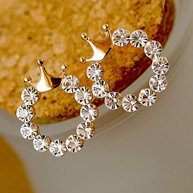 Fashion Round Rhinestone Crown Stud Earrings - Sparkling, Elegant, Glamorous.
