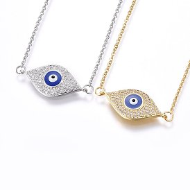 304 Stainless Steel Pendant Necklaces, with Cubic Zirconia and Enamel, Eye, Clear