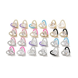 Left and Right Clear Cubic Zirconia Heart Stud Earrings with Enamel, Brass Jewelry for Women, Cadmium Free & Lead Free