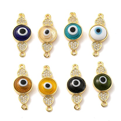 Brass Micro Pave Clear Cubic Zirconia Connector Charms, with Lampwork, Evil Eye with Heart, Real 18K Gold Plated
