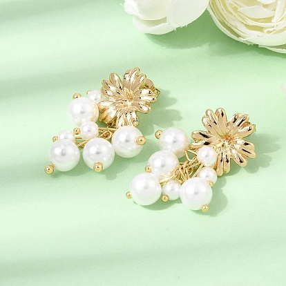 304 Stainless Steel Stud Dangle Earrings, with Plastic Pearl, Flower, Ion Plating(IP)