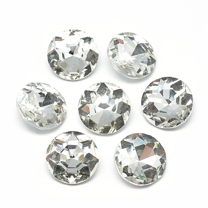 Pointed Back Glass Rhinestone Cabochons, Back Plated, Faceted, Flat Round
