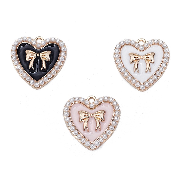 Light Gold Tone Alloy Enamel Pendants, with Plastic Imitation Pearls, Heart with Bowknot Charm