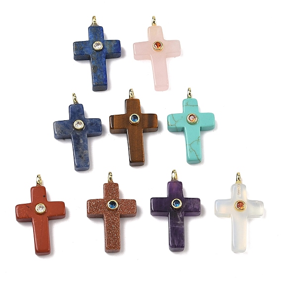 Драгоценный камень подвески, Подвески в виде креста с фурнитурой из латуни, инкрустированной микрофиброй (случайного цвета)., золотые