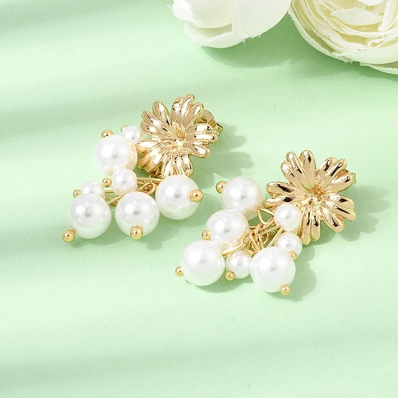 304 Stainless Steel Stud Dangle Earrings, with Plastic Pearl, Flower, Ion Plating(IP)