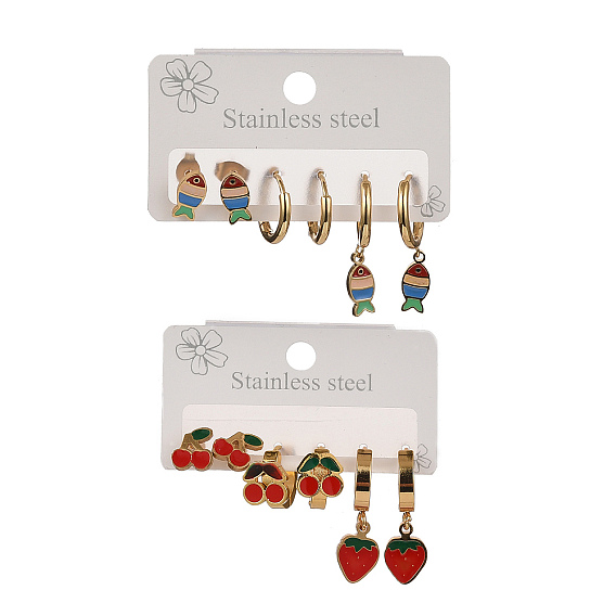 3 комплекты из двух сережек-колец и сережек-гвоздиков из нержавеющей стали с эмалью, золотые