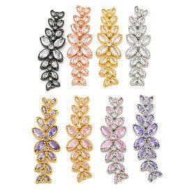 Brass Pave Cubic Zirconia Flower with Leaf Links Connector Charms, Long-Lasting Plated, Lead Free & Cadmium Free
