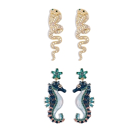 Rhinestone Cute Animal Dangle Stud Earrings with Enamel, Golden Alloy Long Drop Earrings for Women