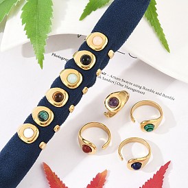 304 открытые манжеты из нержавеющей стали, кольцо из натурального камня для женщин, реальный 18 k позолоченный, ионное покрытие (ip)