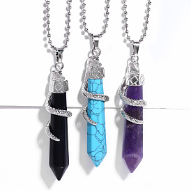Natural Stone Bullet Pendant with Agate Crystal and Hexagonal Prism Necklace