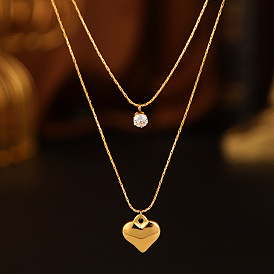 Double-layer Heart Pendant Necklace with Diamonds, Titanium Steel Lock Collar Chain for Women