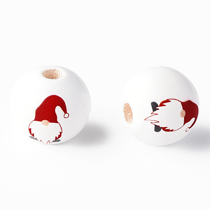 Painted Natural Wood Round Beads, Father Christmas