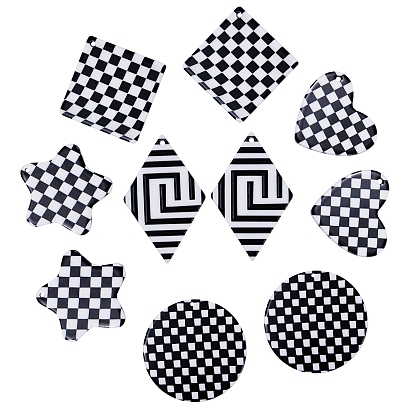 10Pcs 5 Style Opaque Cellulose Acetate(Resin) and Acrylic Pendants, Grid Pattern, Heart & Flat Round & Rhombus & Star, White