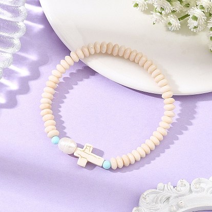 Religion Synthetic Turquoise Cross & Rondelle Natural Petrified Wood & Round Dyed Howlite Beaded Stretch Bracelets